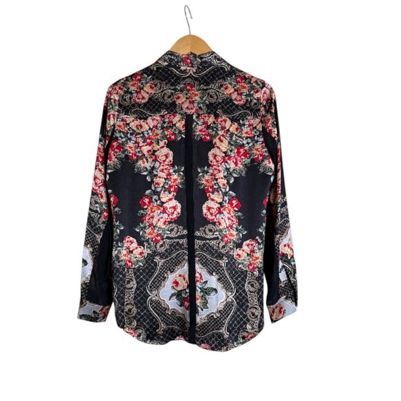 Hale Bob Silk Floral Blouse Black Red Rose Baroque Print Button Down Top Size M - Picture 5 of 7